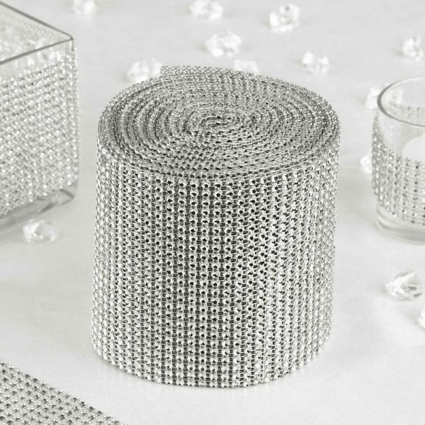 Trims & Diamond Rolls |   5″x10 Yards Shiny Silver Diamond Rhinestone Ribbon Wrap Roll, DIY Craft Decor Fabric Bolt & Trims Silver