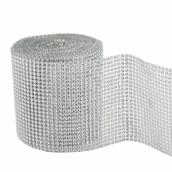 Trims & Diamond Rolls |   5″x10 Yards Shiny Silver Diamond Rhinestone Ribbon Wrap Roll, DIY Craft Decor Fabric Bolt & Trims Silver