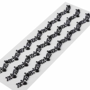 Trims & Diamond Rolls |   Black Self Adhesive Craft Rhinestone Trim Strips, Heart Pearl Embellishment Stickers Fabric Bolt & Trims Black