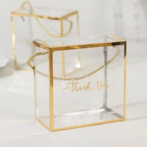 Wedding Accessories |   25 Pack Gold Trimmed Clear PVC Gift Boxes with Rope Handles and Thank You Print, Transparent Portable Candy Favor Boxes – 5.5″x5.5″ Party Favors Wedding Accessories