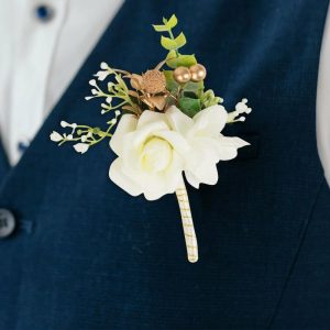 Accent Flowers |   2 Pack White Artificial Rose Boutonniere With Pin, 5″ Real Touch Silk Flower Pocket Square Accent Flowers Accent Flowers