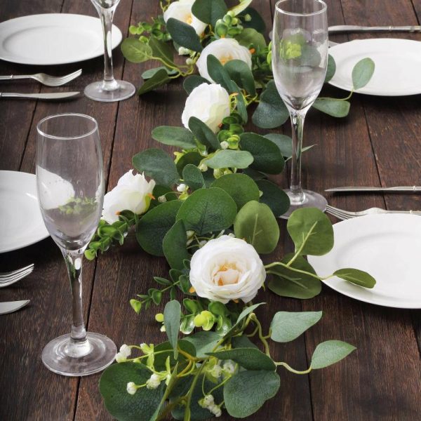 Garlands & Vines |   5.5ft Artificial Eucalyptus Leaf Hanging Vines With 7 White Rose Flower Heads, Floral Greenery Table Garland Artificial Flowers & Greens Garlands & Vines