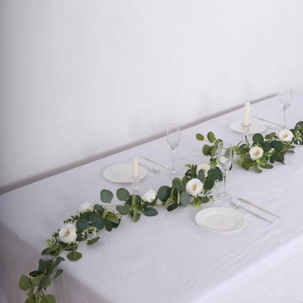 Garlands & Vines |   5.5ft Artificial Eucalyptus Leaf Hanging Vines With 7 White Rose Flower Heads, Floral Greenery Table Garland Artificial Flowers & Greens Garlands & Vines