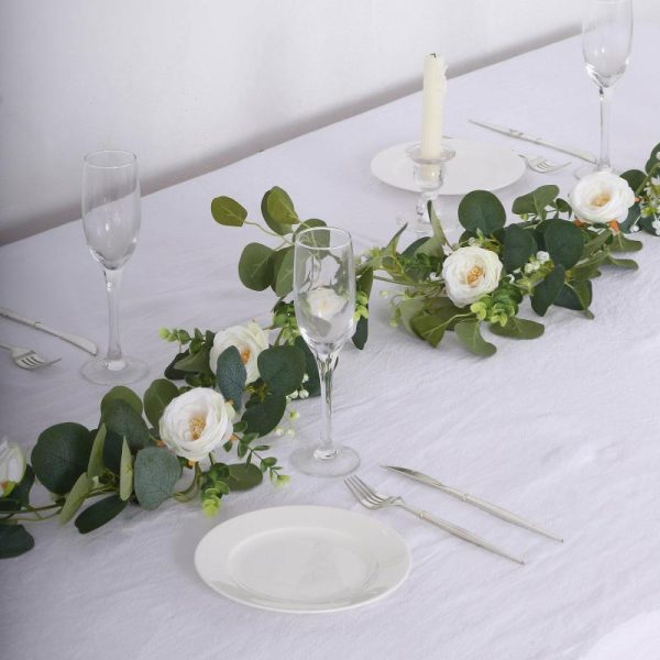 Garlands & Vines |   5.5ft Artificial Eucalyptus Leaf Hanging Vines With 7 White Rose Flower Heads, Floral Greenery Table Garland Artificial Flowers & Greens Garlands & Vines