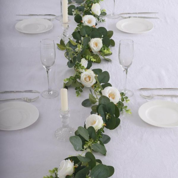 Garlands & Vines |   5.5ft Artificial Eucalyptus Leaf Hanging Vines With 7 White Rose Flower Heads, Floral Greenery Table Garland Artificial Flowers & Greens Garlands & Vines