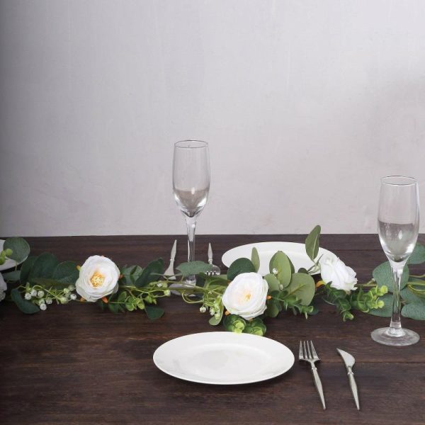 Garlands & Vines |   5.5ft Artificial Eucalyptus Leaf Hanging Vines With 7 White Rose Flower Heads, Floral Greenery Table Garland Artificial Flowers & Greens Garlands & Vines