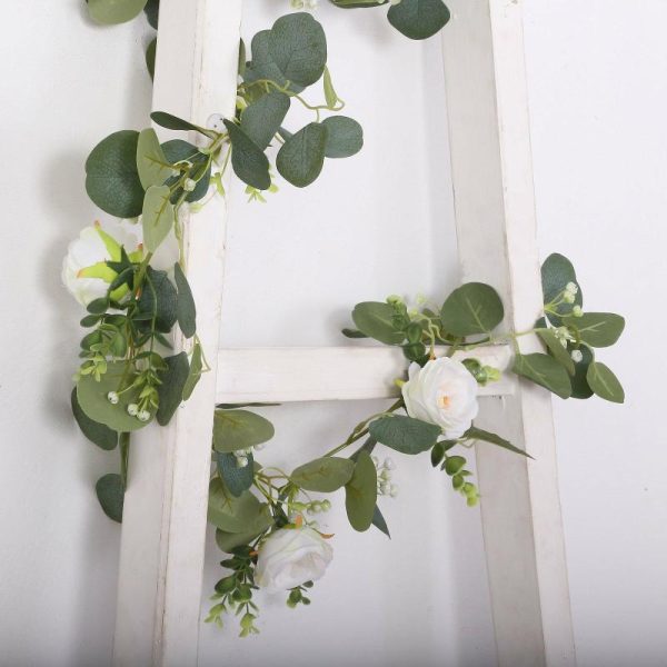 Garlands & Vines |   5.5ft Artificial Eucalyptus Leaf Hanging Vines With 7 White Rose Flower Heads, Floral Greenery Table Garland Artificial Flowers & Greens Garlands & Vines