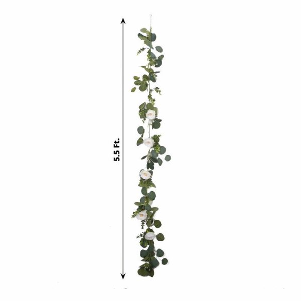 Garlands & Vines |   5.5ft Artificial Eucalyptus Leaf Hanging Vines With 7 White Rose Flower Heads, Floral Greenery Table Garland Artificial Flowers & Greens Garlands & Vines