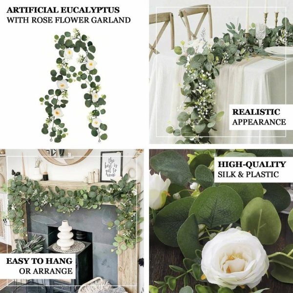 Garlands & Vines |   5.5ft Artificial Eucalyptus Leaf Hanging Vines With 7 White Rose Flower Heads, Floral Greenery Table Garland Artificial Flowers & Greens Garlands & Vines