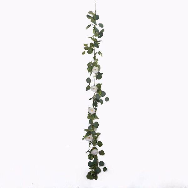 Garlands & Vines |   5.5ft Artificial Eucalyptus Leaf Hanging Vines With 7 White Rose Flower Heads, Floral Greenery Table Garland Artificial Flowers & Greens Garlands & Vines