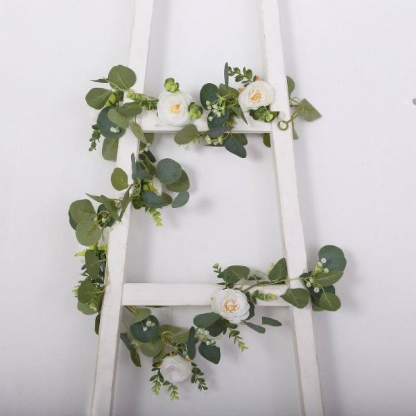 Garlands & Vines |   5.5ft Artificial Eucalyptus Leaf Hanging Vines With 7 White Rose Flower Heads, Floral Greenery Table Garland Artificial Flowers & Greens Garlands & Vines