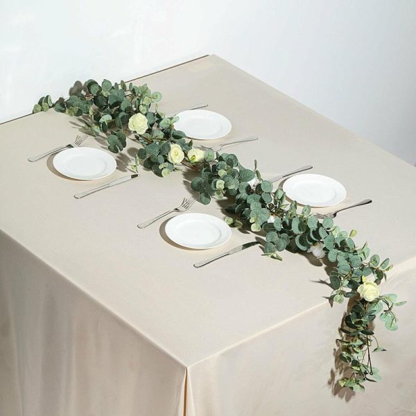 Garlands & Vines |   6ft Green Ivory Artificial Eucalyptus Leaf, Rose Flower Garland Vine Artificial Flowers & Greens Garlands & Vines