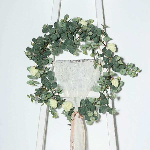 Garlands & Vines |   6ft Green Ivory Artificial Eucalyptus Leaf, Rose Flower Garland Vine Artificial Flowers & Greens Garlands & Vines