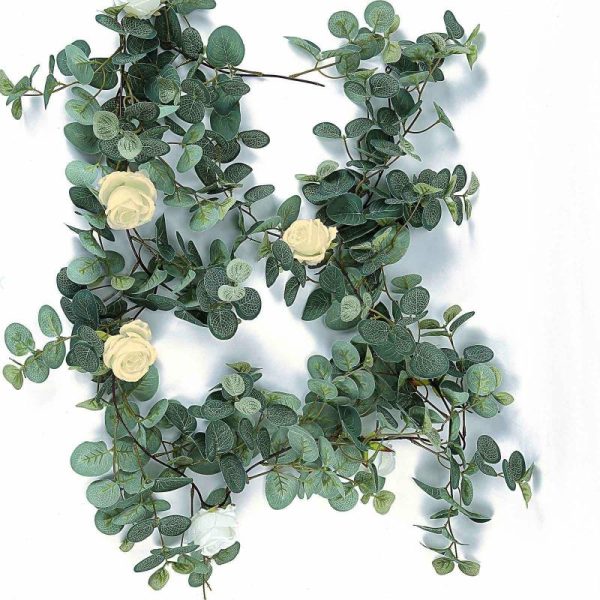 Garlands & Vines |   6ft Green Ivory Artificial Eucalyptus Leaf, Rose Flower Garland Vine Artificial Flowers & Greens Garlands & Vines