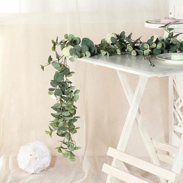 Garlands & Vines |   6ft Green Ivory Artificial Eucalyptus Leaf, Rose Flower Garland Vine Artificial Flowers & Greens Garlands & Vines