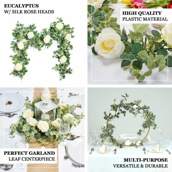 Garlands & Vines |   6ft Green Ivory Artificial Eucalyptus Leaf, Rose Flower Garland Vine Artificial Flowers & Greens Garlands & Vines