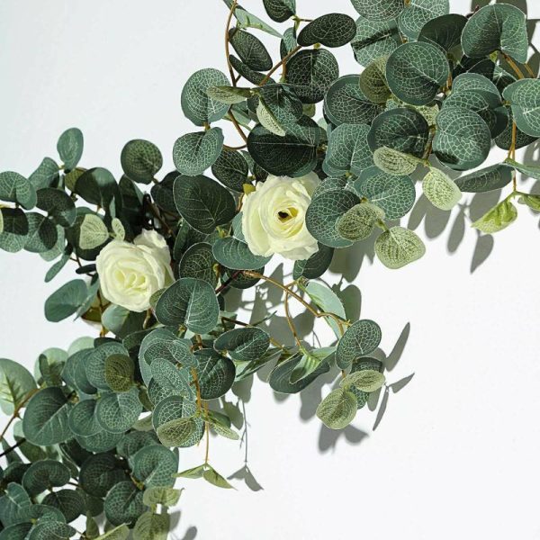 Garlands & Vines |   6ft Green Ivory Artificial Eucalyptus Leaf, Rose Flower Garland Vine Artificial Flowers & Greens Garlands & Vines