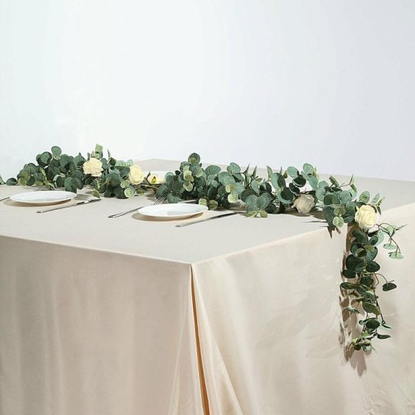 Garlands & Vines |   6ft Green Ivory Artificial Eucalyptus Leaf, Rose Flower Garland Vine Artificial Flowers & Greens Garlands & Vines