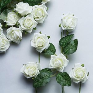 Planters & Supplies |   24 Roses 2″ Ivory Artificial Foam Flowers With Stem Wire and Leaves Artificial Flowers & Greens Ivory