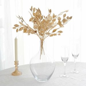 Plants & Pampas |   4 Pack Metallic Gold Faux Italian Ruscus Leaves Stems, 14″ Artificial Plant Branches Vase Fillers Artificial Flowers & Greens Gold