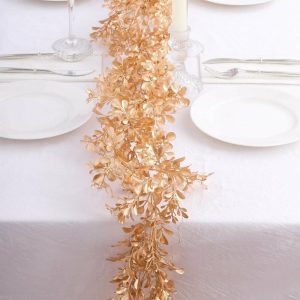 Plants & Pampas |   6ft Metallic Gold Artificial Boxwood Leaf Hanging Vine, Faux Decorative Table Garland Artificial Flowers & Greens Gold