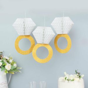 Decoration Kit |   3 Pack White Gold Diamond Ring Hanging Party Supplies Decorations, Paper Honeycomb Bachelorette, Bridal Shower, Engagement and Wedding Decor – 11″ Tall Decoration Kit Decoration Kit