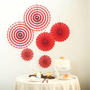 Decoration Kit |   Set of 6 Red Hanging Paper Fan Decorations, Pinwheel Wall Backdrop Party Kit – 8″, 12″, 16″ Decoration Kit Decoration Kit