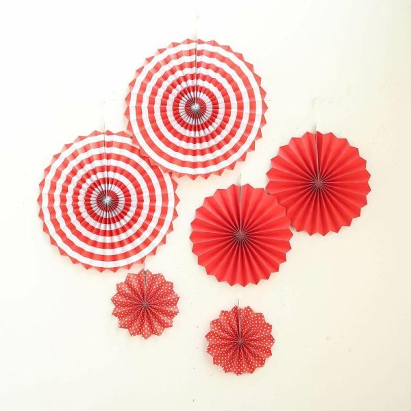 Decoration Kit |   Set of 6 Red Hanging Paper Fan Decorations, Pinwheel Wall Backdrop Party Kit – 8″, 12″, 16″ Decoration Kit Decoration Kit