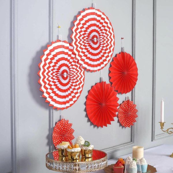 Decoration Kit |   Set of 6 Red Hanging Paper Fan Decorations, Pinwheel Wall Backdrop Party Kit – 8″, 12″, 16″ Decoration Kit Decoration Kit