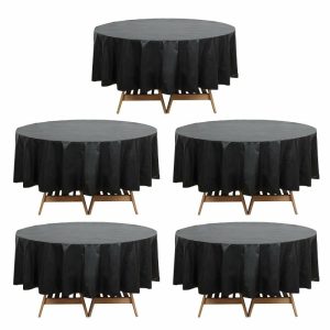 Disposable Table Cover |   5 Pack Black Round Plastic Table Covers, 84″ PVC Waterproof Disposable Tablecloths Disposable Table Cover Black