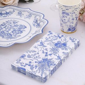 Eco-Friendly Tableware |   20 Pack White Blue 2-Ply Disposable Party Napkins in French Toile Pattern, Highly Absorbent Soft Disposable Dinner Napkins Eco-Friendly Tableware Eco-Friendly Tableware