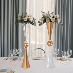 Floor Vase & Candelabra |   2 Pack Clear Gold Crystal Embellishment Trumpet Flower Vase, 27″ Reversible Plastic Table Centerpiece Event Props Floor Vase & Candelabra