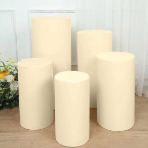 Pedestal Prop Covers |   Set of 5 Beige Cylinder Stretch Fitted Pedestal Pillar Prop Covers, Spandex Plinth Display Box Stand Covers – 160 GSM Event Props Beige