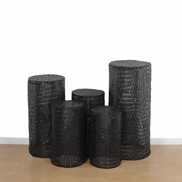 Pedestal Prop Covers |   Set of 5 Black Sequin Mesh Cylinder Pedestal Pillar Prop Covers with Geometric Pattern Embroidery, Sparkly Sheer Tulle Display Box Stand Covers Event Props Black