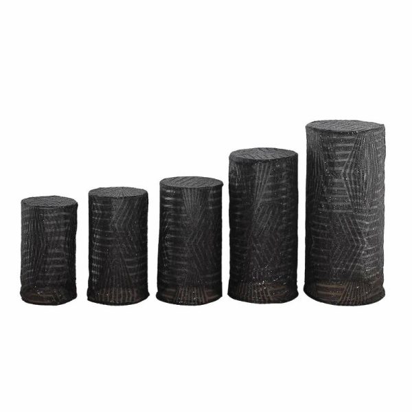 Pedestal Prop Covers |   Set of 5 Black Sequin Mesh Cylinder Pedestal Pillar Prop Covers with Geometric Pattern Embroidery, Sparkly Sheer Tulle Display Box Stand Covers Event Props Black