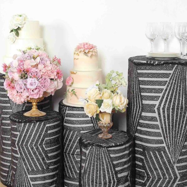 Pedestal Prop Covers |   Set of 5 Black Sequin Mesh Cylinder Pedestal Pillar Prop Covers with Geometric Pattern Embroidery, Sparkly Sheer Tulle Display Box Stand Covers Event Props Black