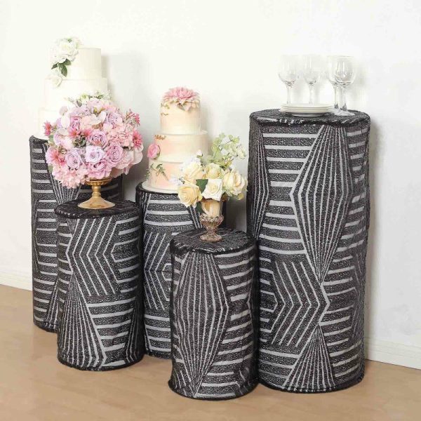 Pedestal Prop Covers |   Set of 5 Black Sequin Mesh Cylinder Pedestal Pillar Prop Covers with Geometric Pattern Embroidery, Sparkly Sheer Tulle Display Box Stand Covers Event Props Black