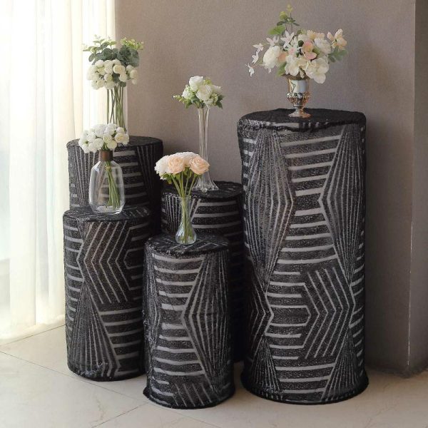 Pedestal Prop Covers |   Set of 5 Black Sequin Mesh Cylinder Pedestal Pillar Prop Covers with Geometric Pattern Embroidery, Sparkly Sheer Tulle Display Box Stand Covers Event Props Black