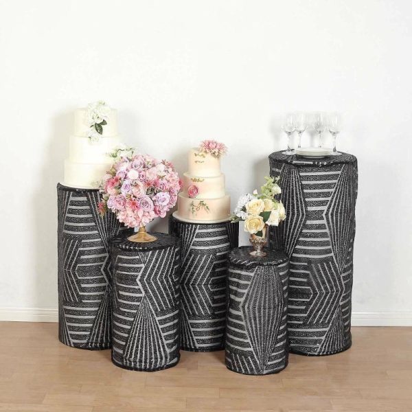 Pedestal Prop Covers |   Set of 5 Black Sequin Mesh Cylinder Pedestal Pillar Prop Covers with Geometric Pattern Embroidery, Sparkly Sheer Tulle Display Box Stand Covers Event Props Black