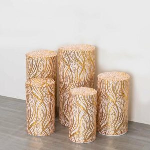 Pedestal Prop Covers |   Set of 5 Rose Gold Wave Mesh Cylinder Pedestal Prop Covers With Gold Embroidered Sequins, Premium Pillar Display Box Stand Covers Event Props Pedestal Prop Covers