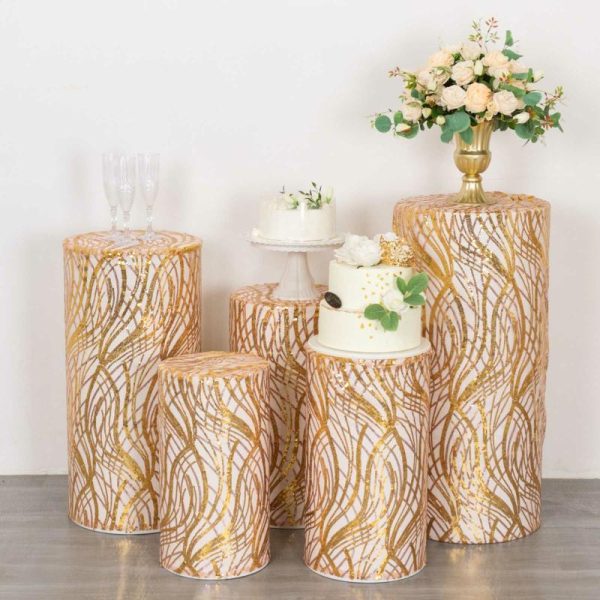 Pedestal Prop Covers |   Set of 5 Rose Gold Wave Mesh Cylinder Pedestal Prop Covers With Gold Embroidered Sequins, Premium Pillar Display Box Stand Covers Event Props Pedestal Prop Covers