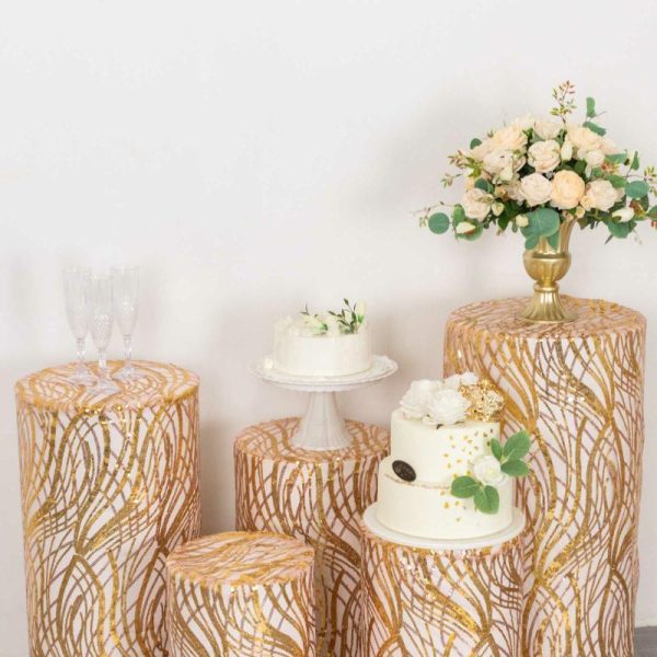 Pedestal Prop Covers |   Set of 5 Rose Gold Wave Mesh Cylinder Pedestal Prop Covers With Gold Embroidered Sequins, Premium Pillar Display Box Stand Covers Event Props Pedestal Prop Covers