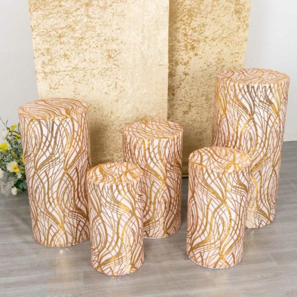 Pedestal Prop Covers |   Set of 5 Rose Gold Wave Mesh Cylinder Pedestal Prop Covers With Gold Embroidered Sequins, Premium Pillar Display Box Stand Covers Event Props Pedestal Prop Covers