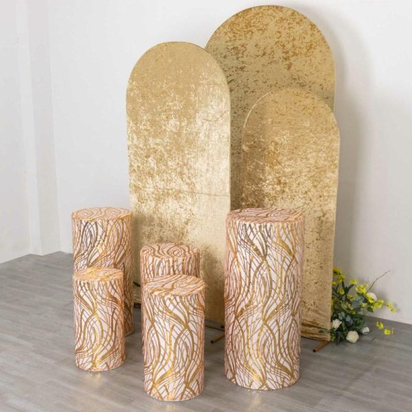 Pedestal Prop Covers |   Set of 5 Rose Gold Wave Mesh Cylinder Pedestal Prop Covers With Gold Embroidered Sequins, Premium Pillar Display Box Stand Covers Event Props Pedestal Prop Covers