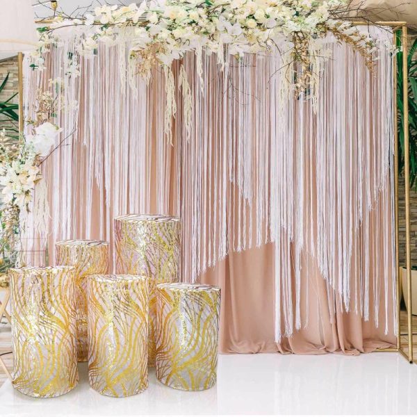 Pedestal Prop Covers |   Set of 5 Rose Gold Wave Mesh Cylinder Pedestal Prop Covers With Gold Embroidered Sequins, Premium Pillar Display Box Stand Covers Event Props Pedestal Prop Covers