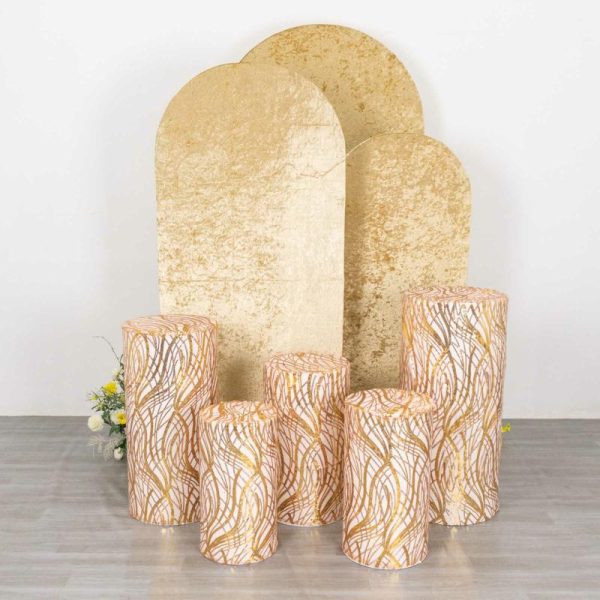 Pedestal Prop Covers |   Set of 5 Rose Gold Wave Mesh Cylinder Pedestal Prop Covers With Gold Embroidered Sequins, Premium Pillar Display Box Stand Covers Event Props Pedestal Prop Covers