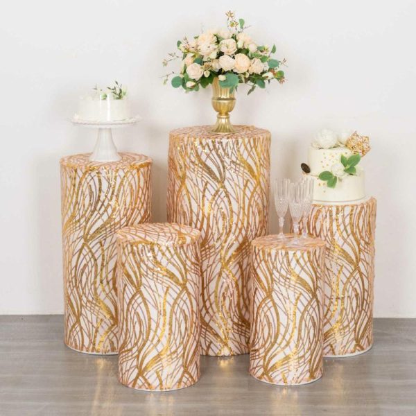 Pedestal Prop Covers |   Set of 5 Rose Gold Wave Mesh Cylinder Pedestal Prop Covers With Gold Embroidered Sequins, Premium Pillar Display Box Stand Covers Event Props Pedestal Prop Covers