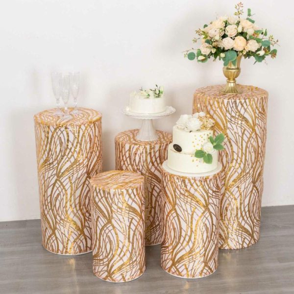 Pedestal Prop Covers |   Set of 5 Rose Gold Wave Mesh Cylinder Pedestal Prop Covers With Gold Embroidered Sequins, Premium Pillar Display Box Stand Covers Event Props Pedestal Prop Covers