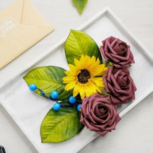 Table Scatters |   34 Pcs Artificial Rose, Silk Sunflower and Blueberry Stems Mix Flower Box – Burgundy Pink Party Balloons & Supplies Pink