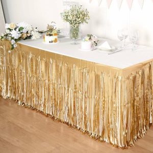 Disposable Table Cover |   30″x9ft Matte Gold Metallic Foil Fringe Table Skirt, Self Adhesive Tinsel Table Skirt Disposable Table Cover Disposable Table Cover